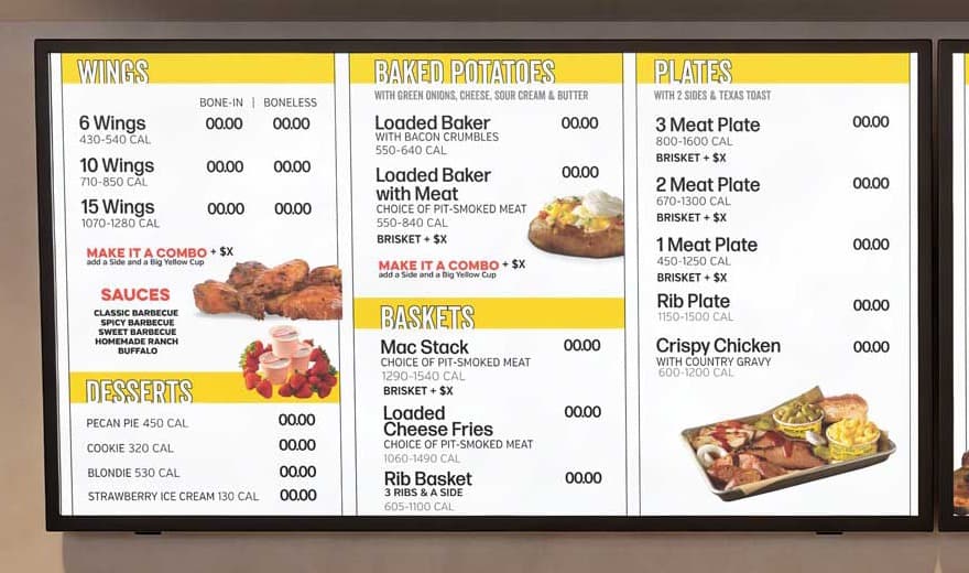 Two digital menu boards above a restaurant counter showing wings, baked potatoes, plates, meats by the pound and sandwiches