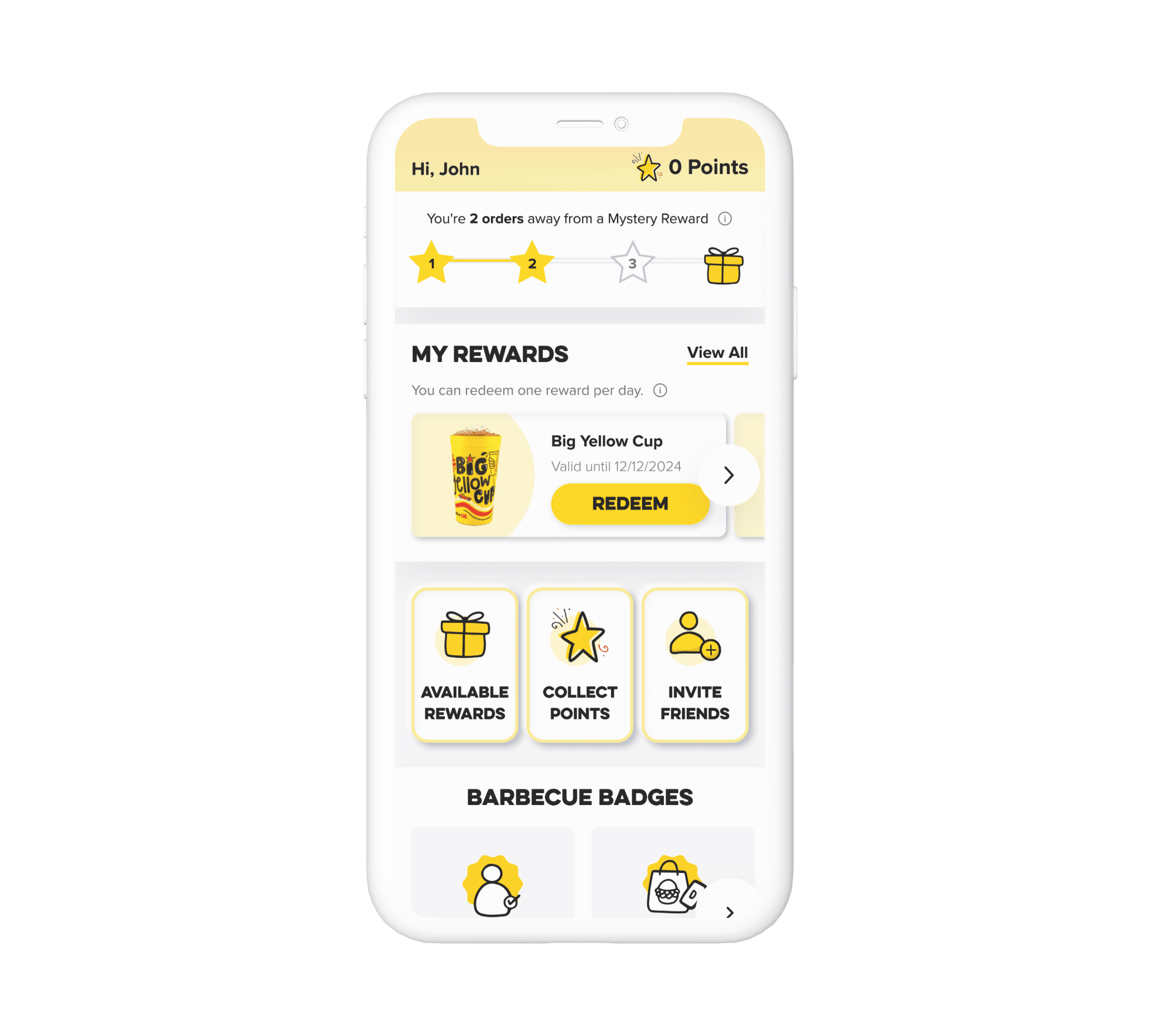 Loyalty screen in a restaurant app showing progress stars toward a mystery reward, a redeemable reward and barbecue badges