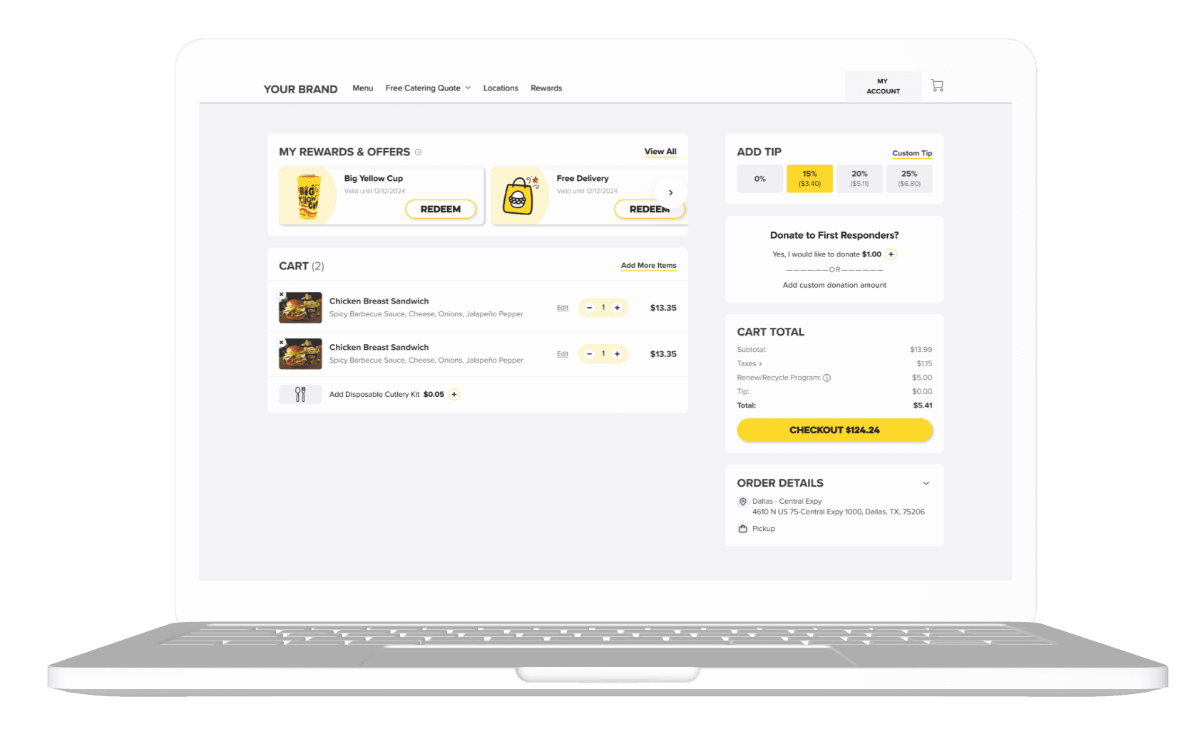 Cart and checkout page in a restaurant web shop