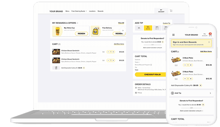 Branded restaurant web shop on a laptop and phone, showing the cart with rewards, tip options and checkout