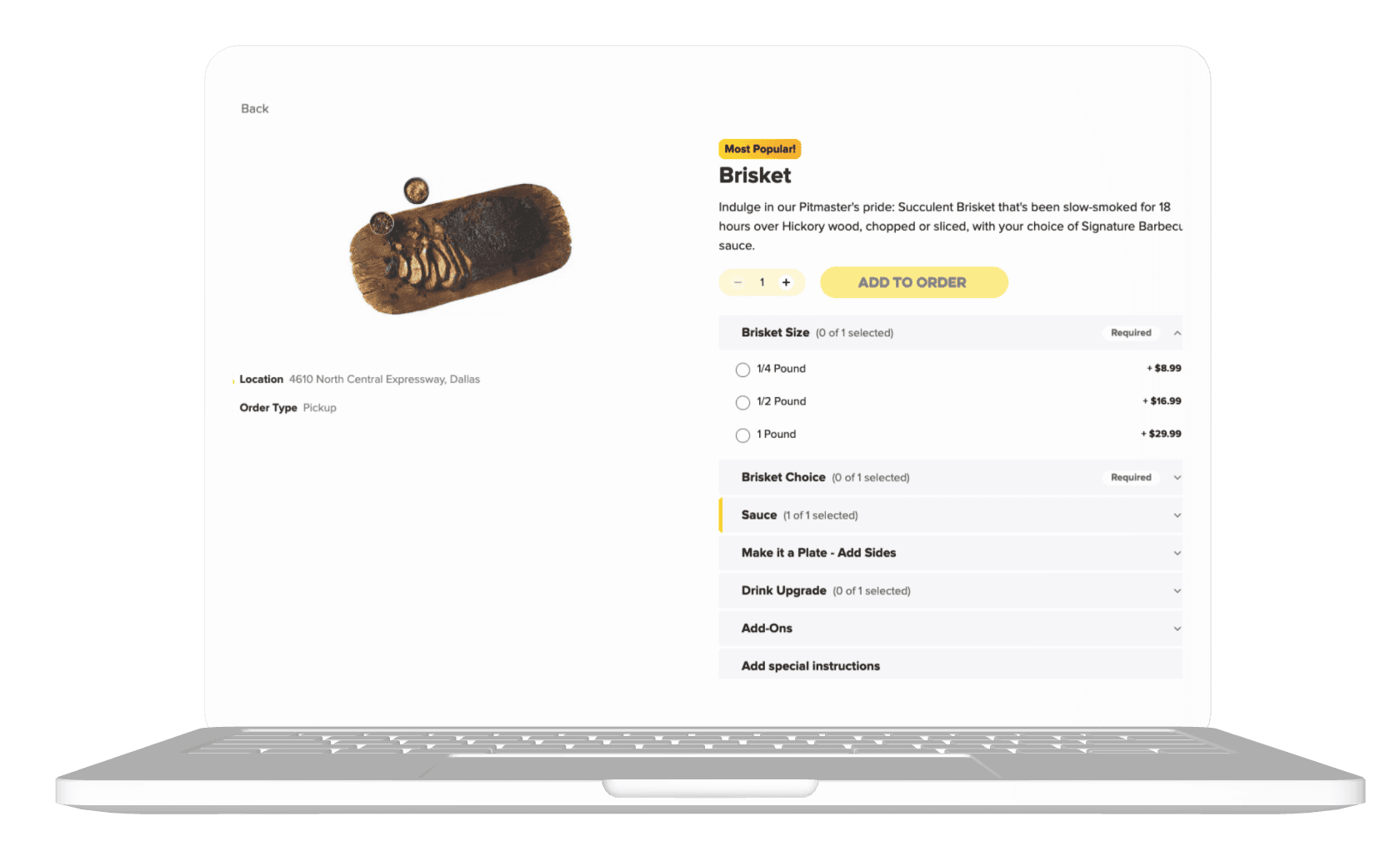 Product detail page in a restaurant web shop
